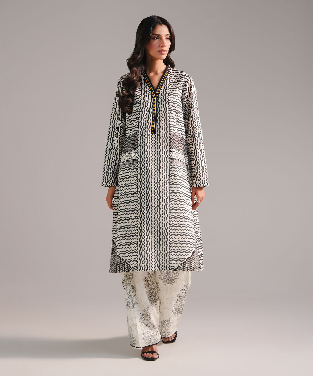 Women's RTW Slub Lawn Printed Off White Straight Shirt