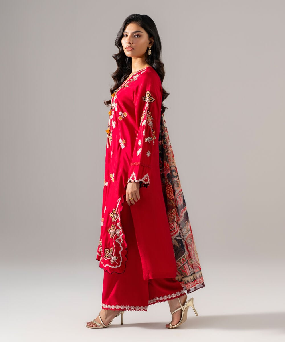 Women's RTW Bright Raw Silk Embroidered Red 3 Piece Suit