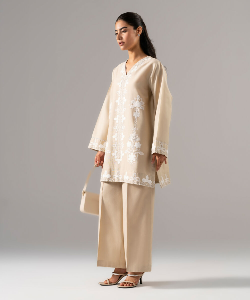 Women's RTW Cotton Linen Embroidered Sand 2 Piece Suit