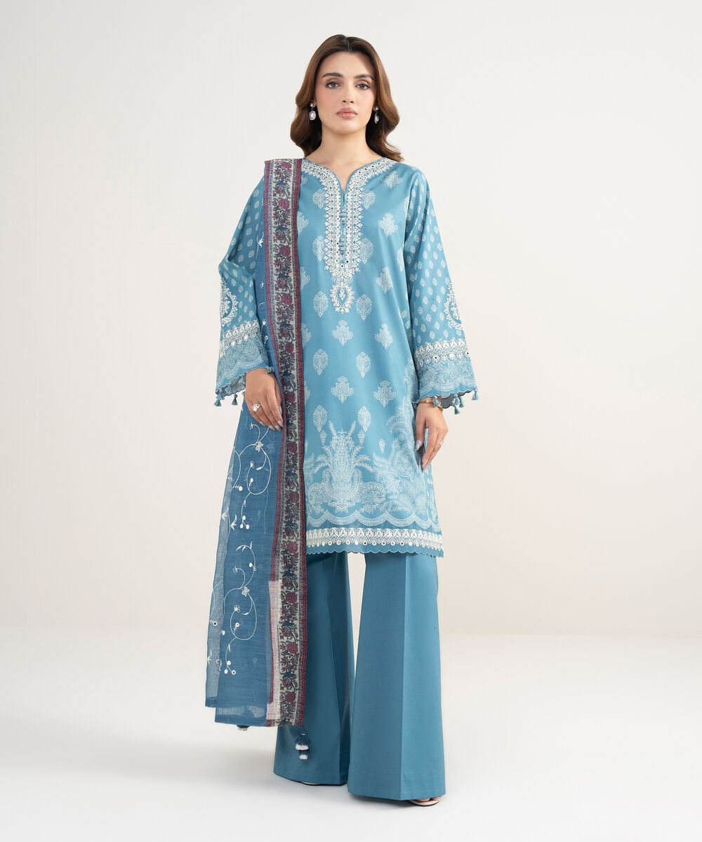 Women's Unstitched Lawn Embroidered Blue 3 Piece Suit