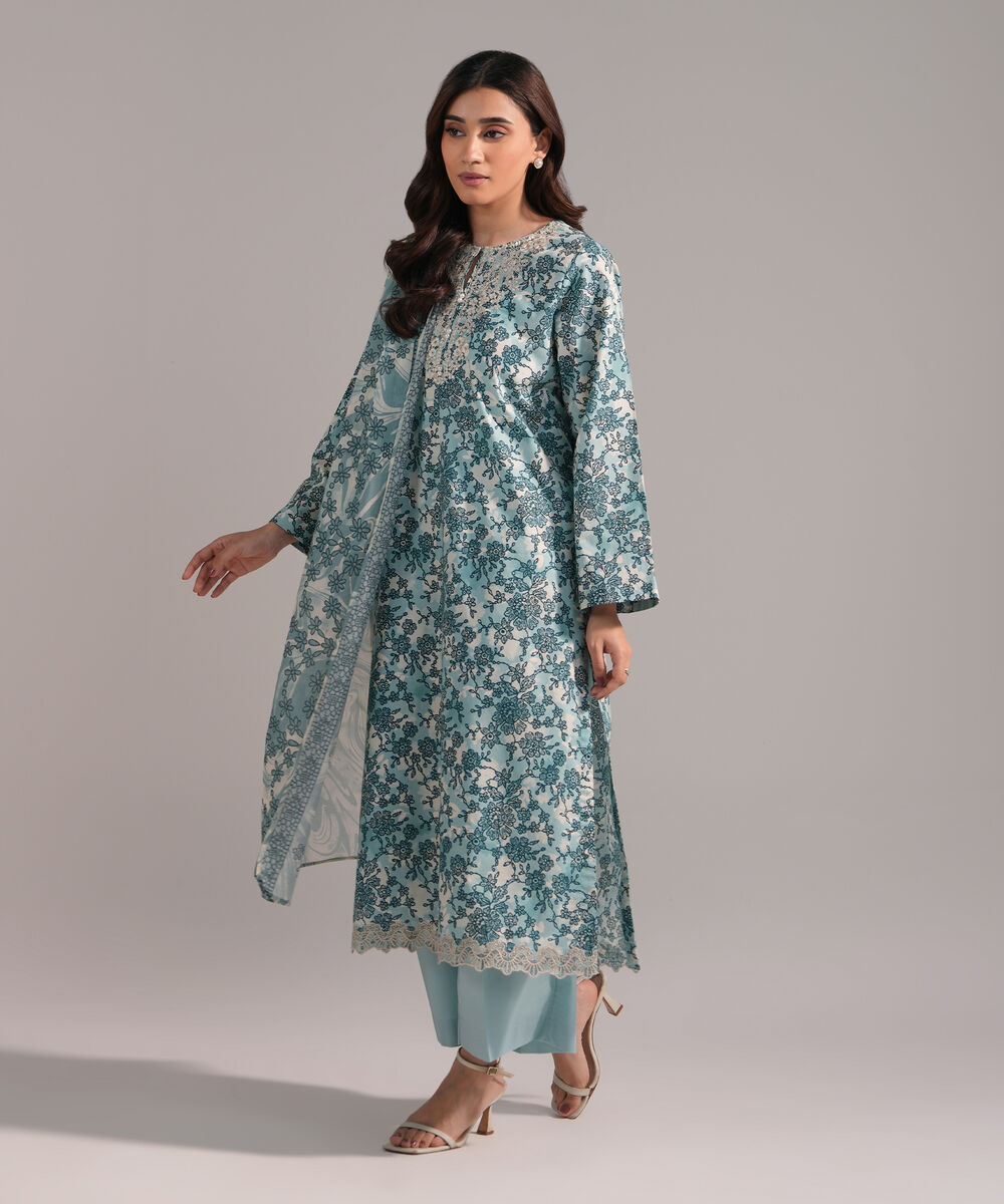 Women's RTW Cambric Embroidered Blue 3 Piece Suit