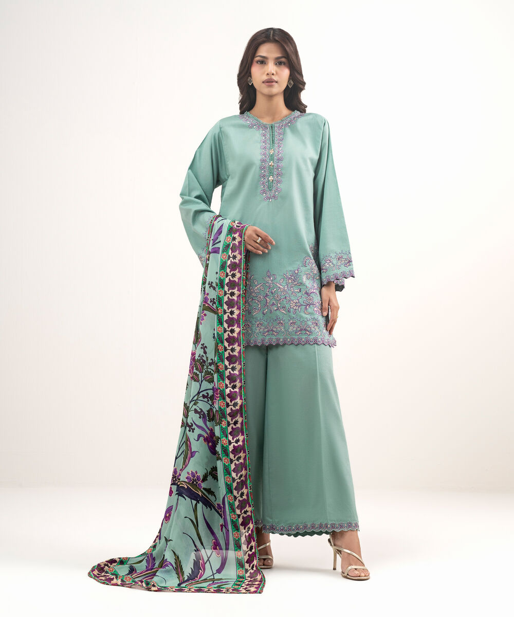 Women's RTW Dobby Embroidered Seafoam Blue 3 Piece Suit