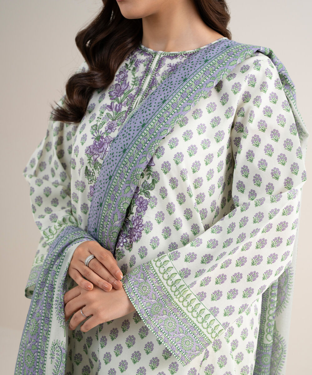 Women's Unstitched Lawn Embroidered Off White 3 Piece Suit