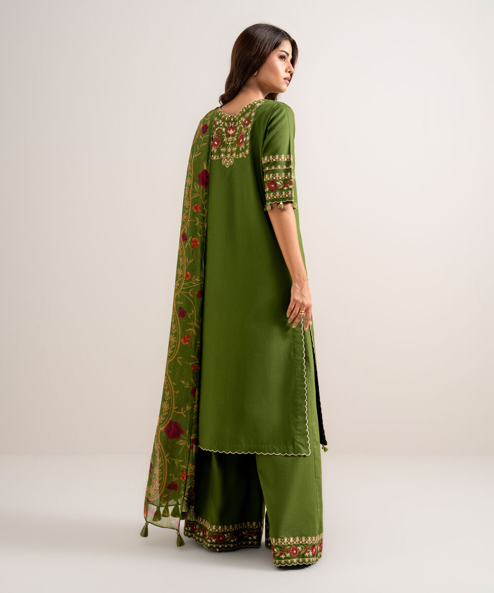 Women's Unstitched Embroidered Cotton Viscose Green 3 Piece Suit