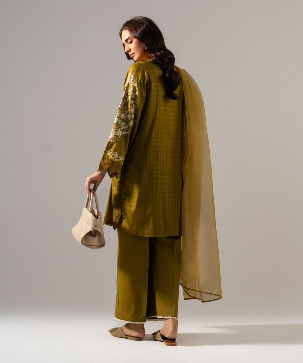 Women's RTW 3D dobby Solid Embroidered Olive Green 3 Piece Suit