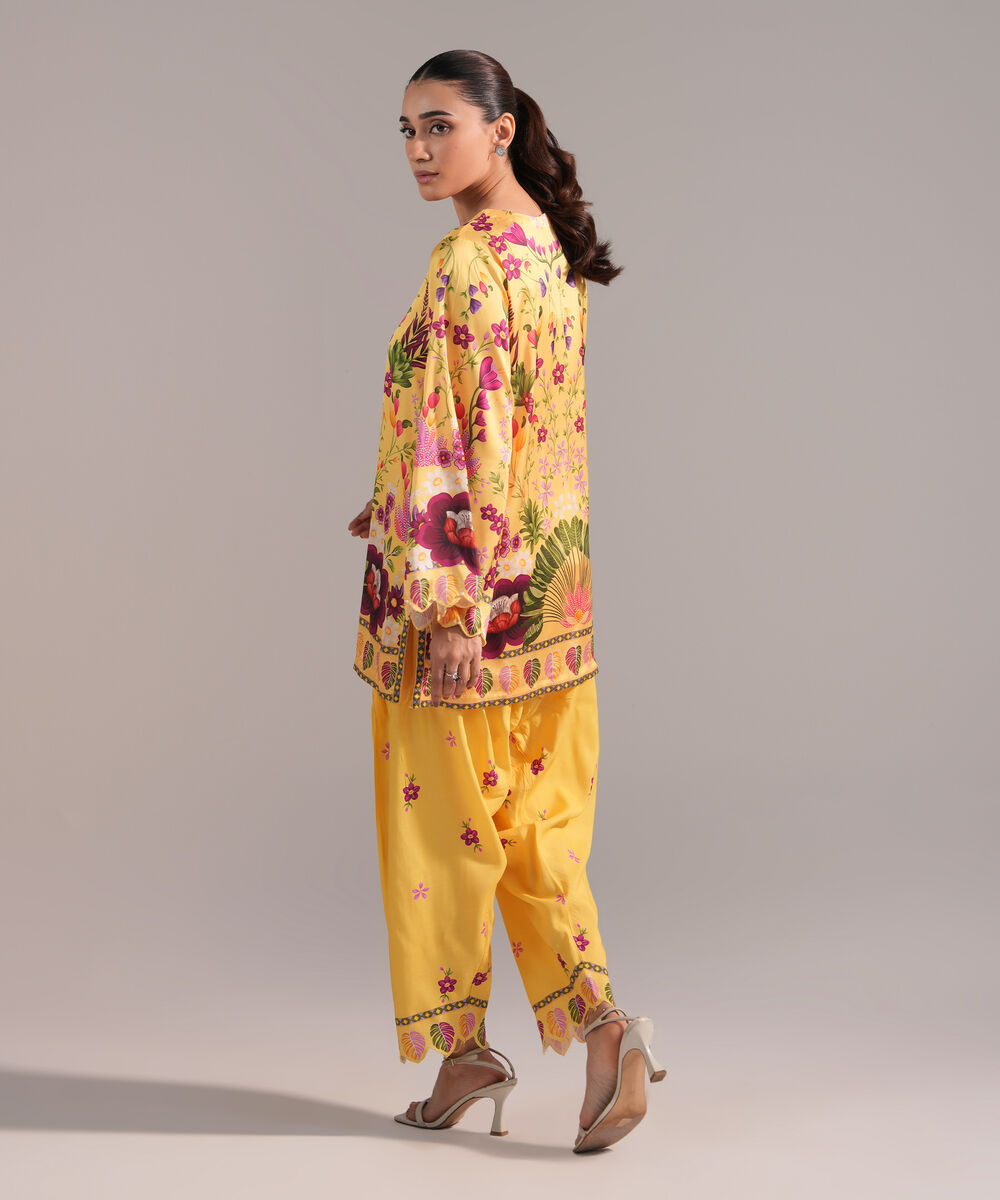 Women's RTW Blended Satin Printed Yellow 2 Piece Suit