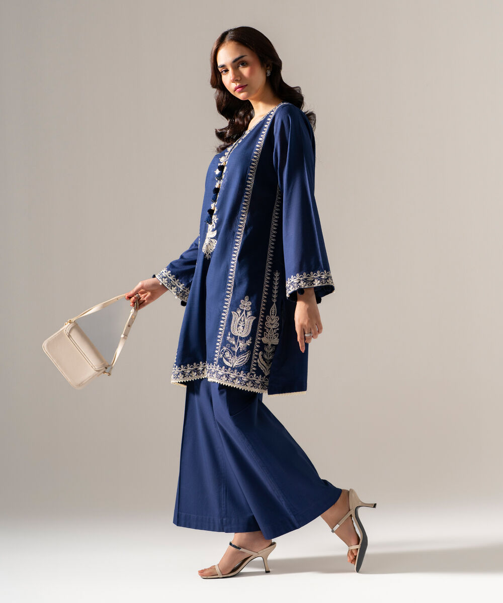Women's RTW Dobby Solid Embroidered Blue Straight Shirt