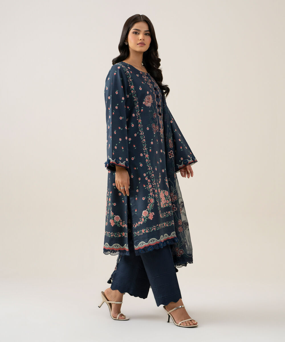 Women's Unstitched Blended Chiffon Printed Navy Blue 3 Piece Suit