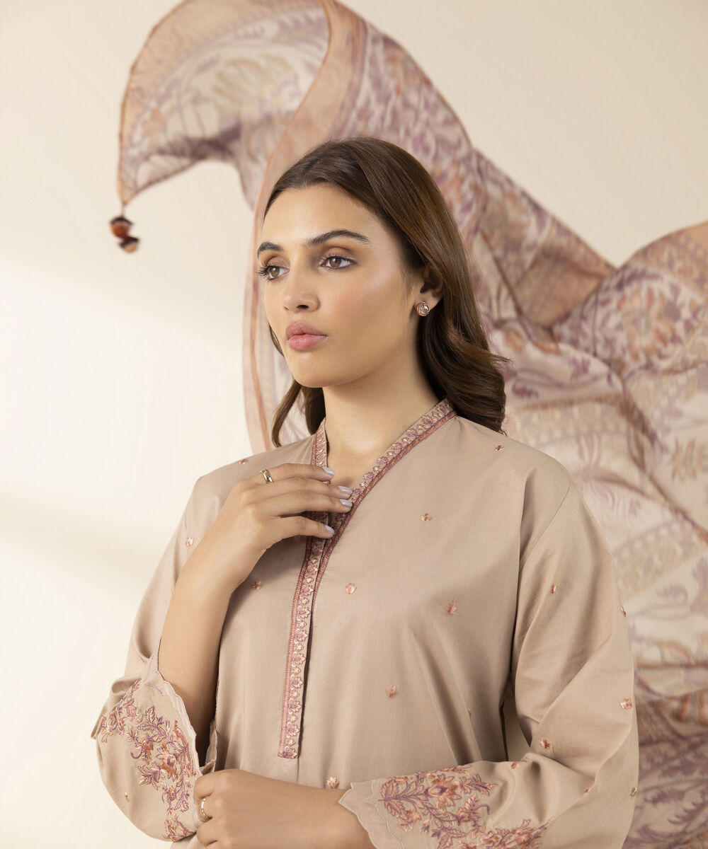 Unstitched Women's Beige Textured Lawn Shirt Dupatta