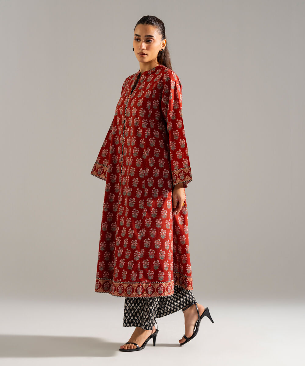 Women's RTW Slub Lawn Printed Maroon A-Line Shirt