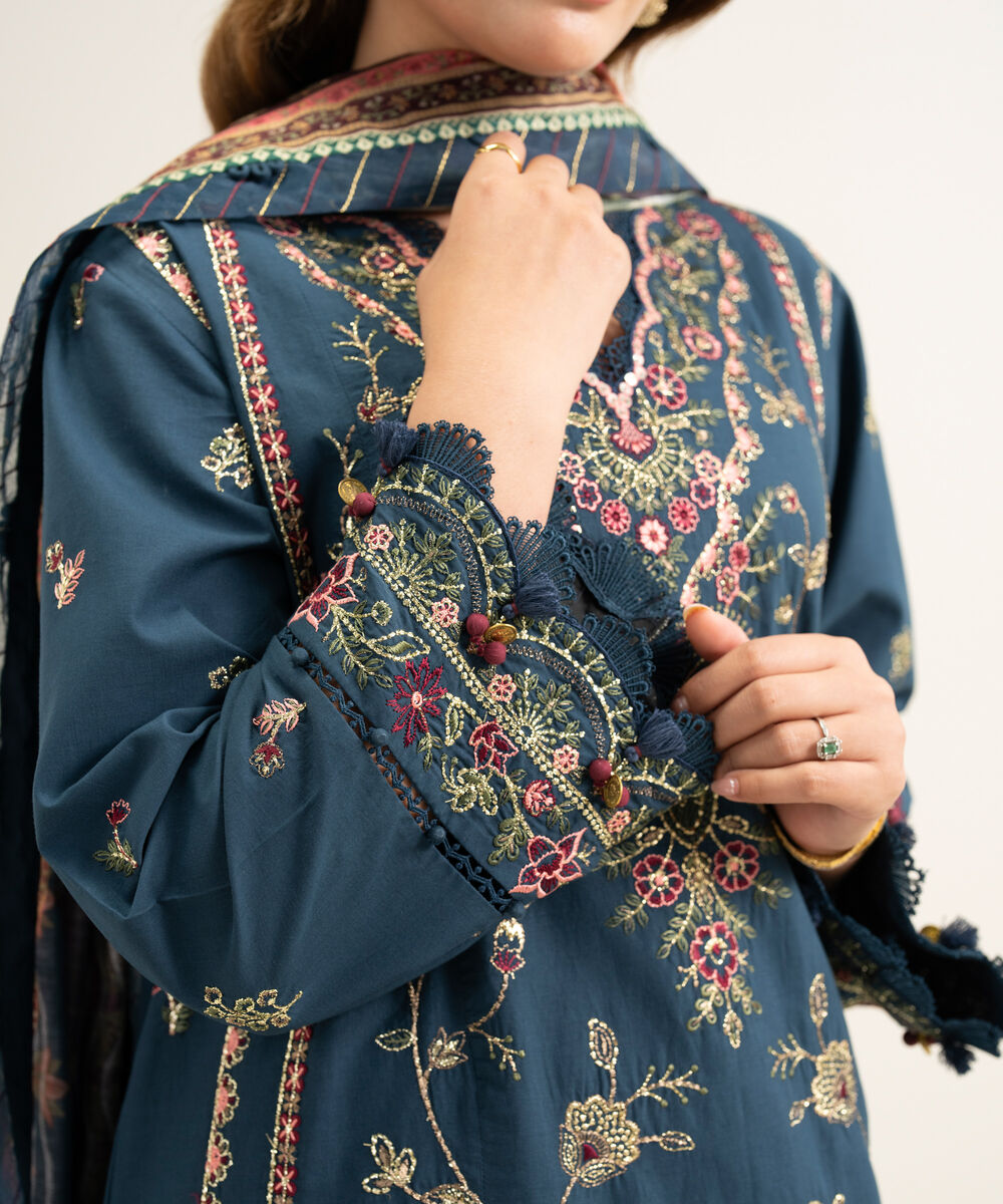 Women's Unstitched Cotton Embroidered Blue 3 Piece Suit