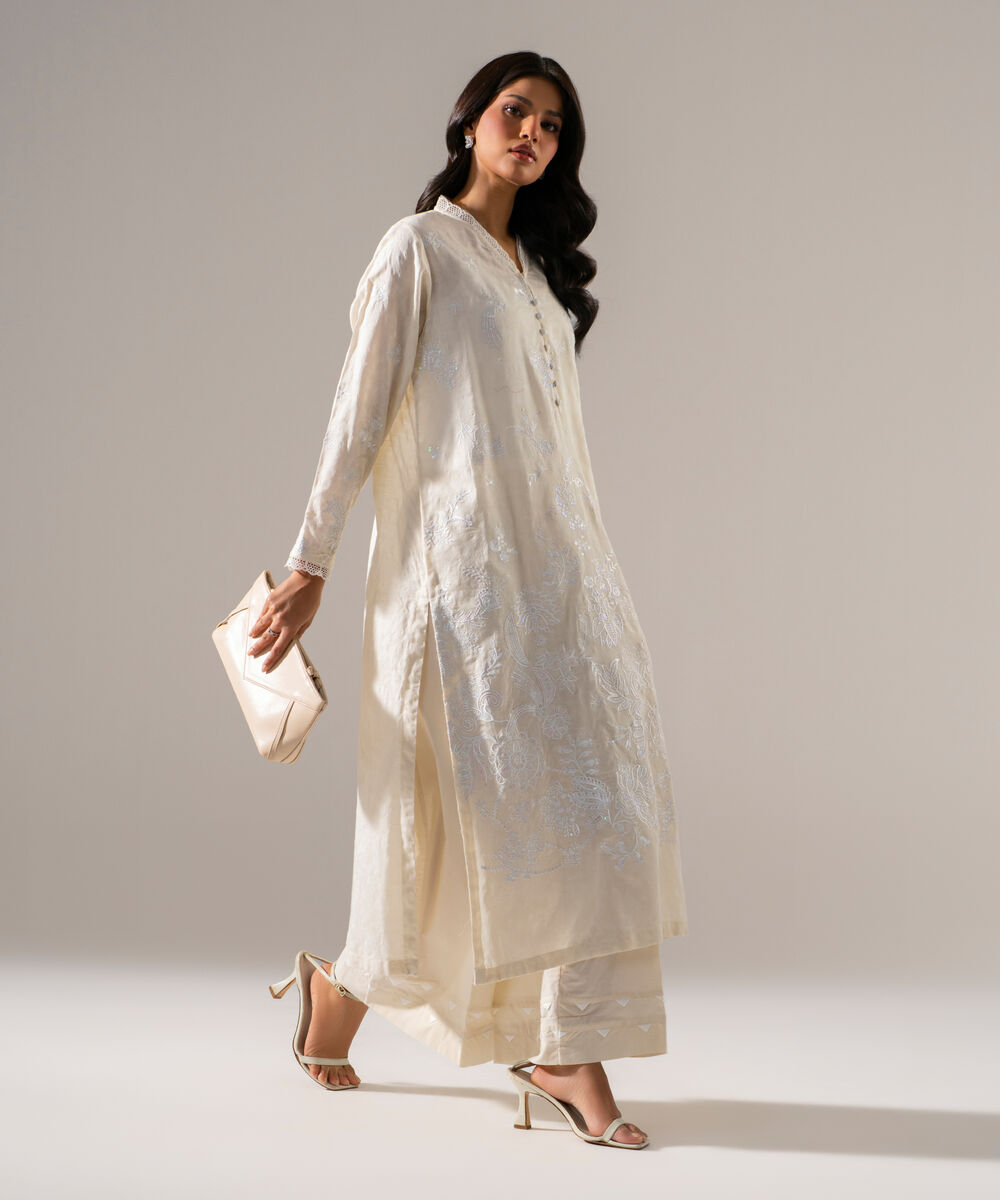 Women's RTW Self Jacquard Solid Embroidered Off White 2 Piece Suit