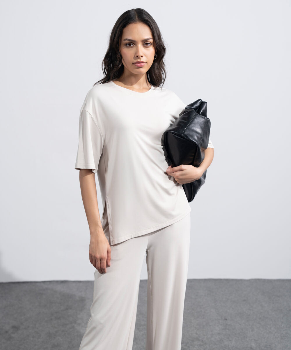 Women's Beige Flowing Loose Fit T-Shirt