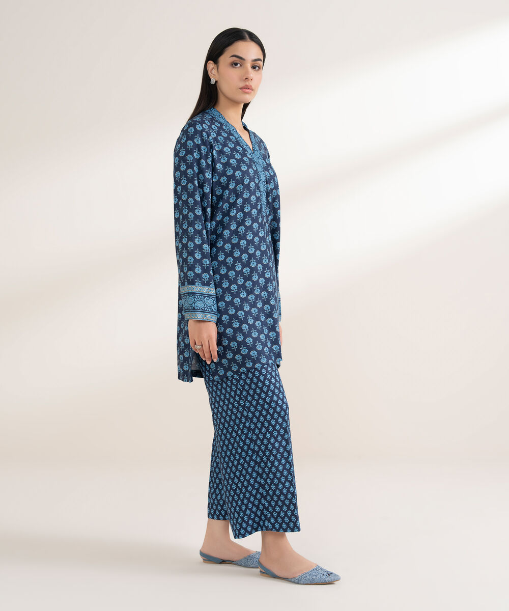 Women's RTW Arabic Dobby Printed Straight Blue Shirt