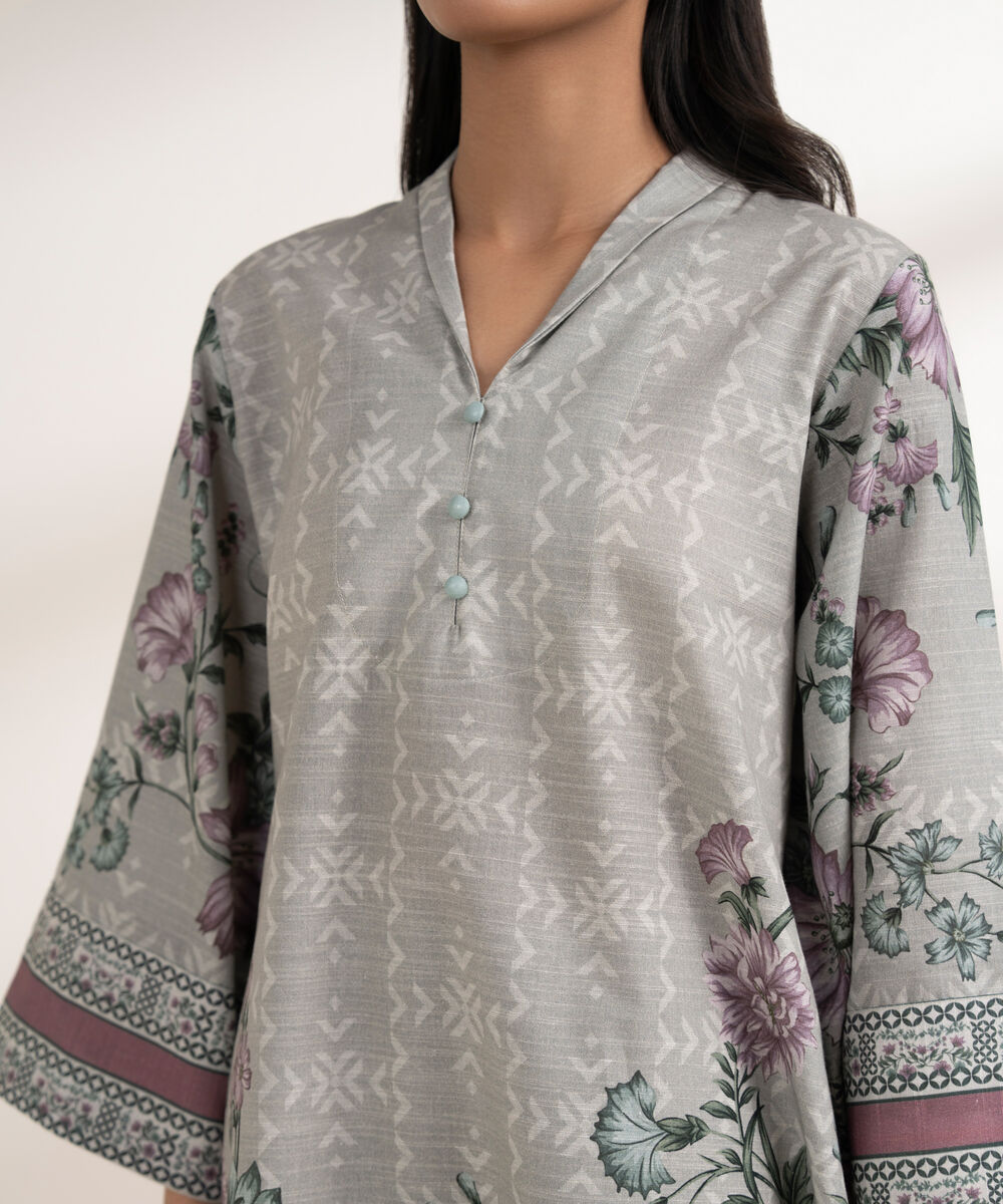 Women's RTW Khaddar Printed Grey 3 Piece Suit