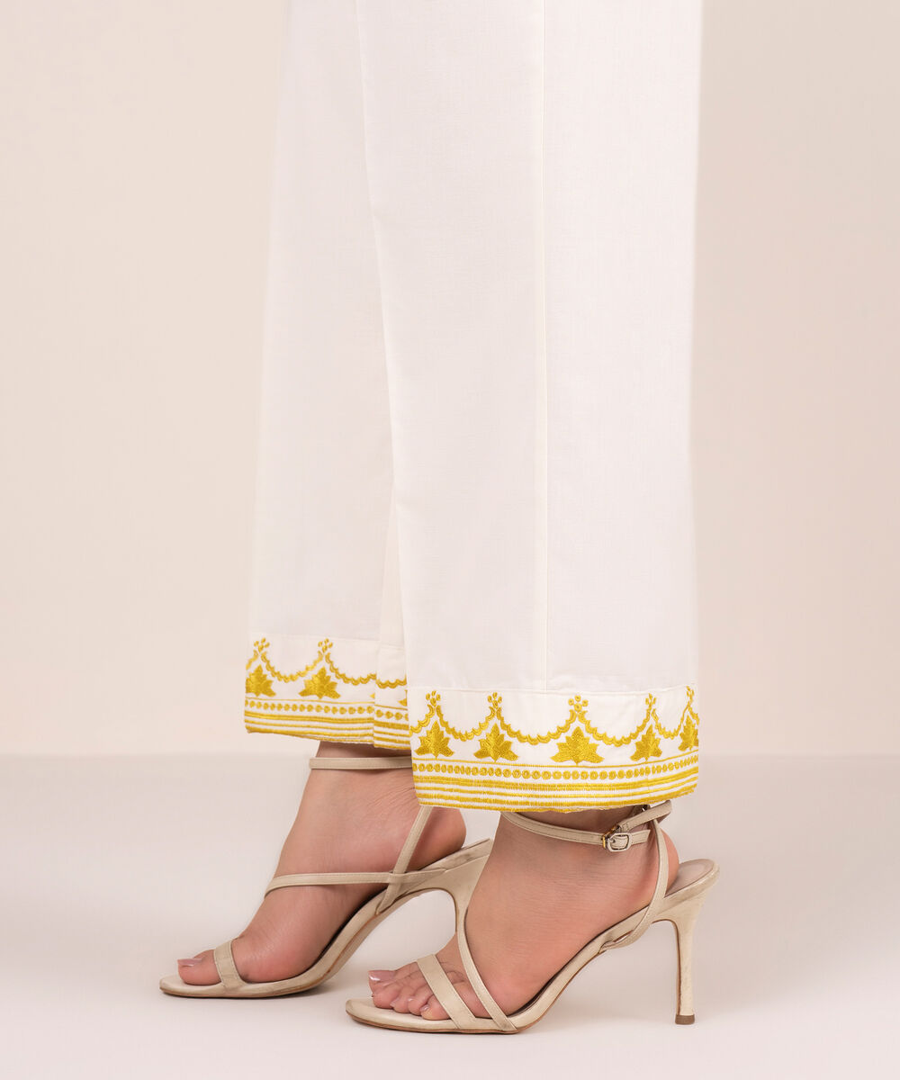 Women's RTW Cambric Embroidered White Straight Pants