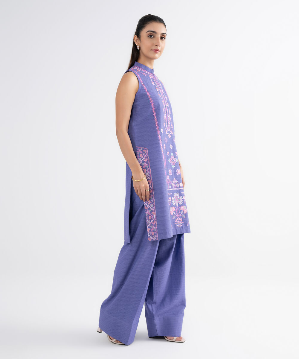 Women's Unstitched Dobby Embroidered Purple 2 Piece Suit