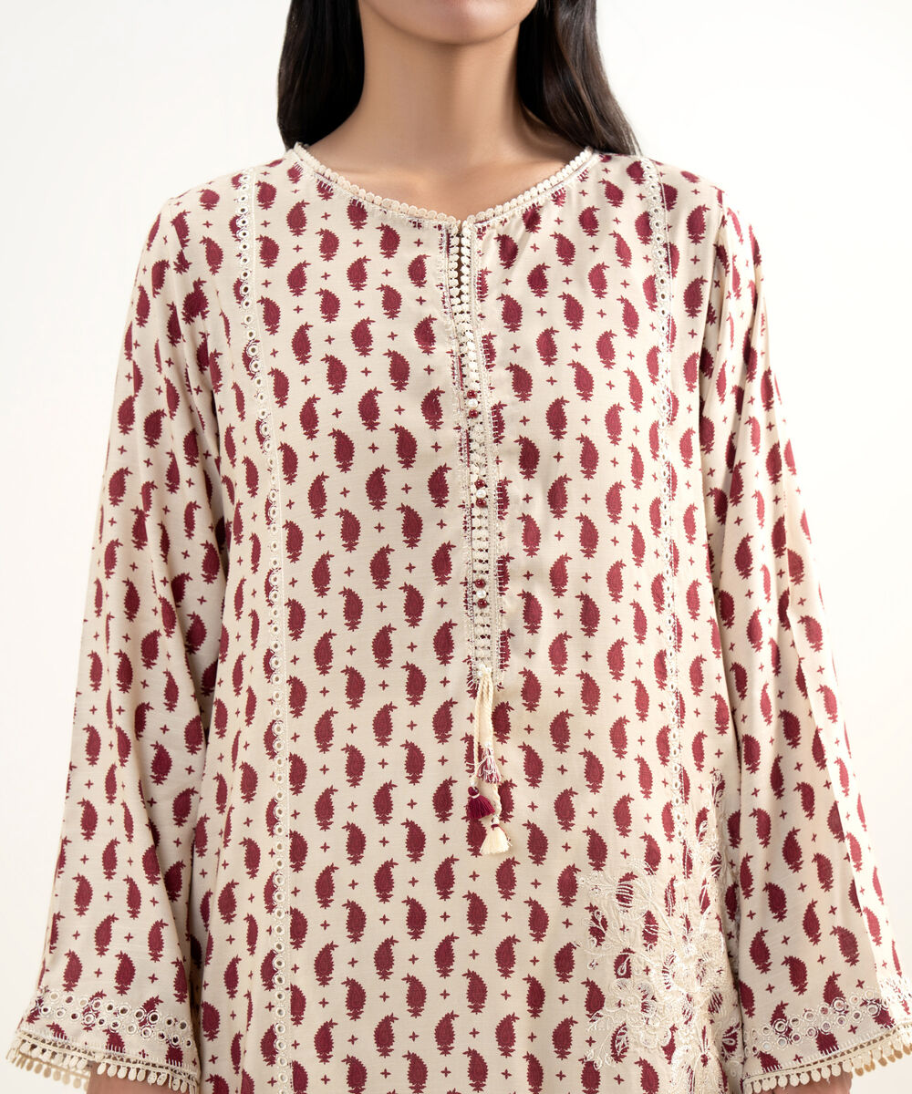 Women's RTW Viscose Raw Silk Embroidered Cream White Straight Shirt