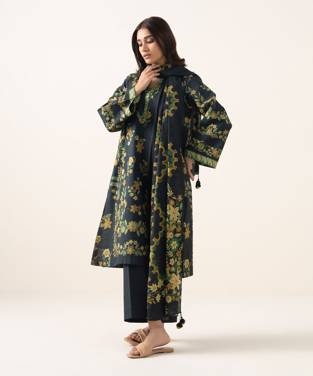 Women's Unstitched Lawn Printed Black 3 Piece Suit