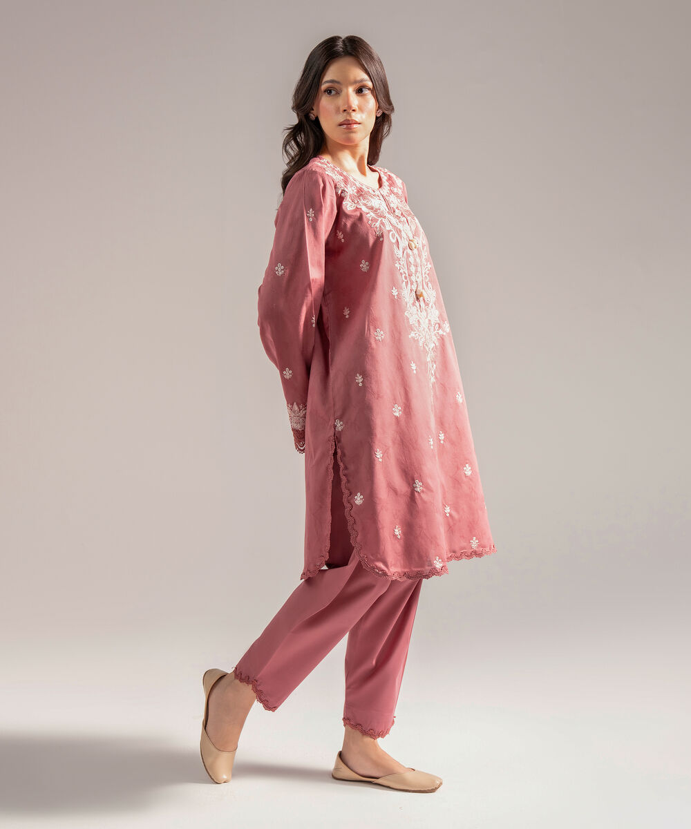 Women's RTW Self Jacquard Embroidered Straight Mauve Shirt