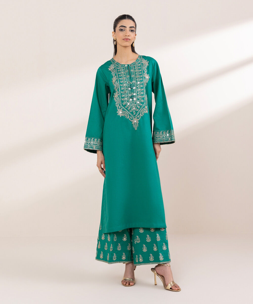 Women's RTW Dobby Green Embroidered A-Line Shirt