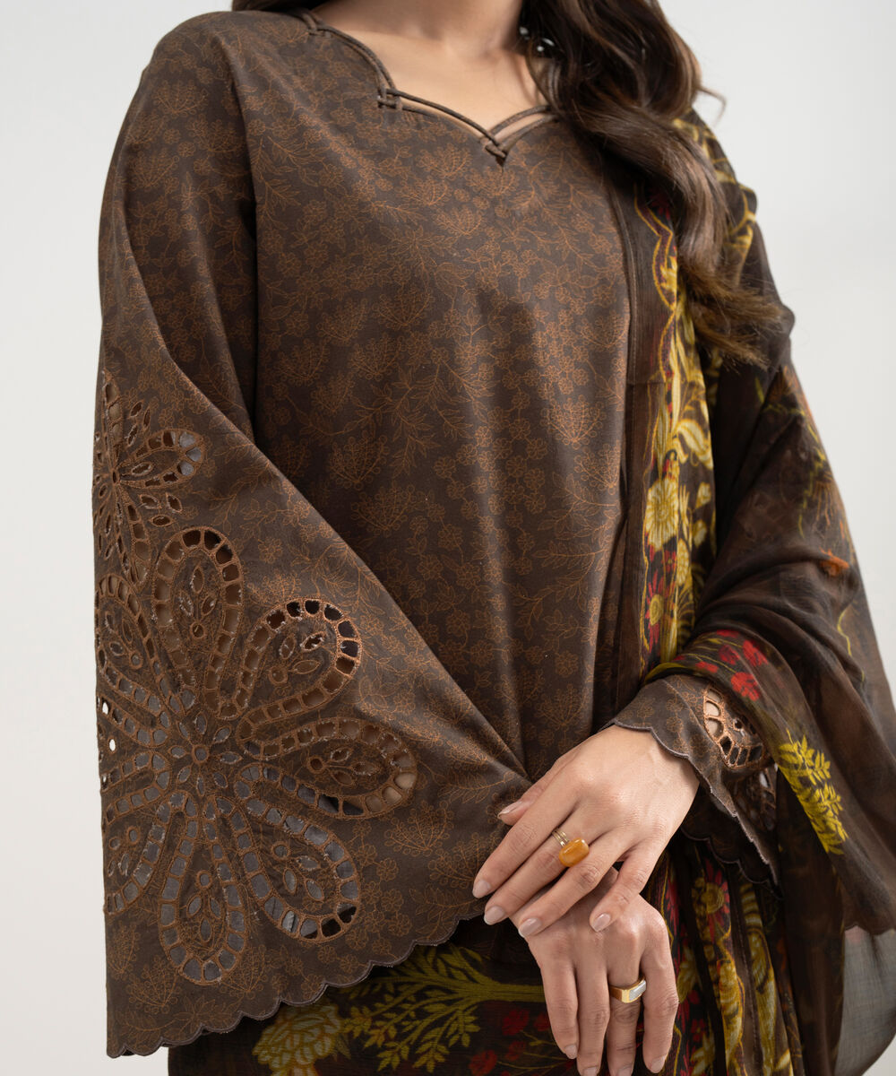 Women's Unstitched Lawn Embroidered Brown 3 Piece Suit