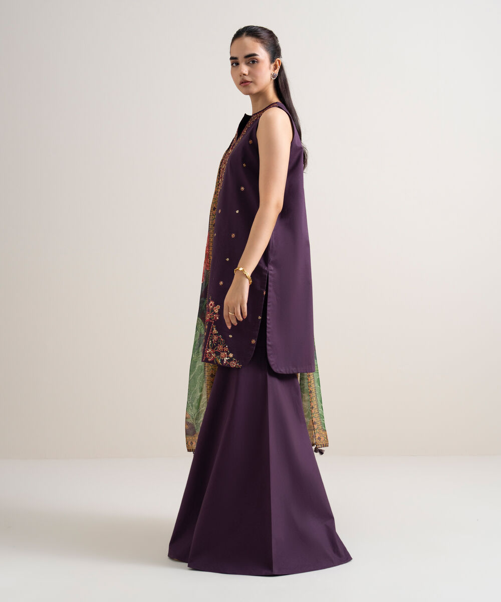 Women's Unstitched Fine Cotton Satin Embroidered Purple