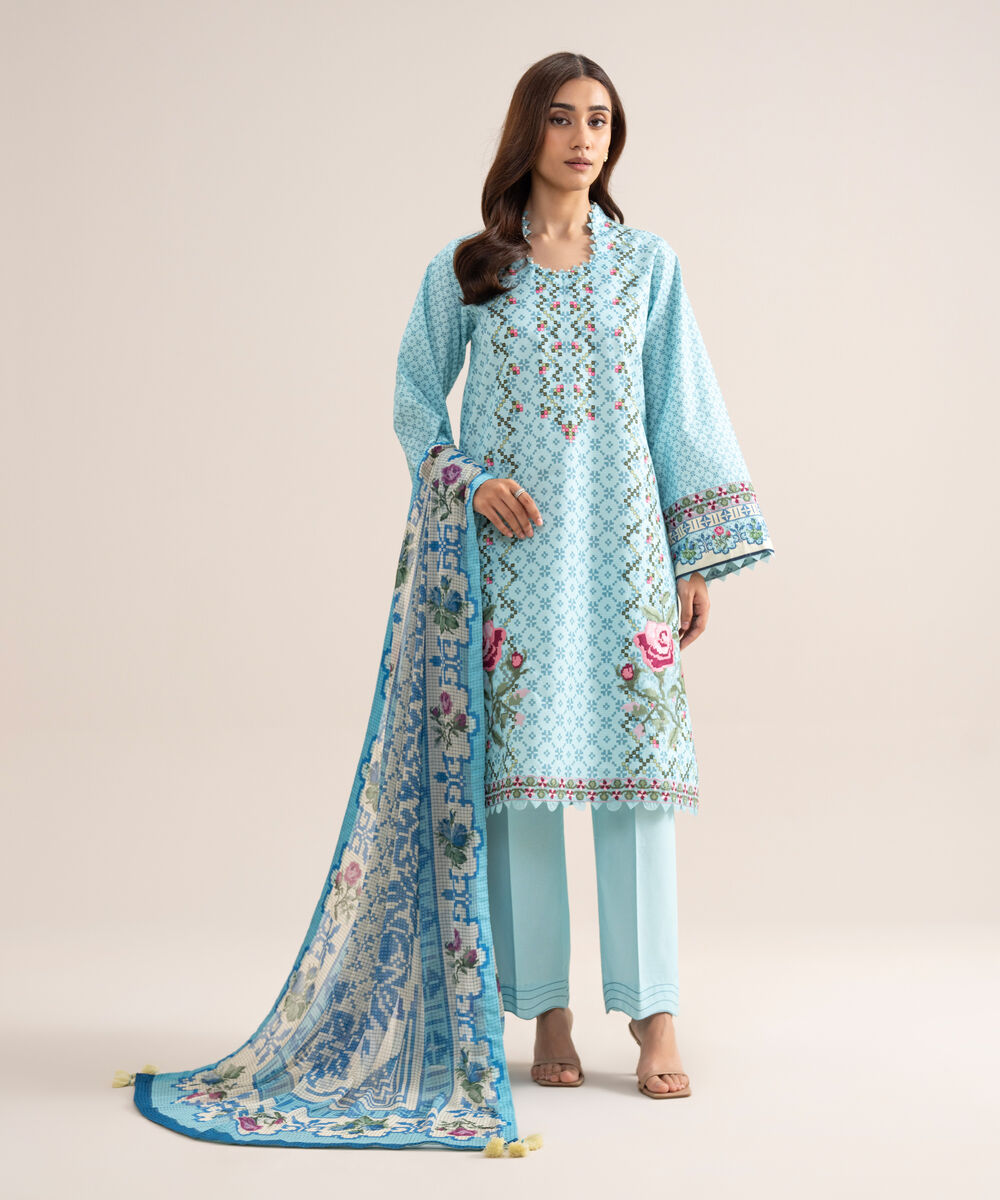 Women's Unstitched Zari Cotton Embroidered Sky Blue  3 Piece Suit