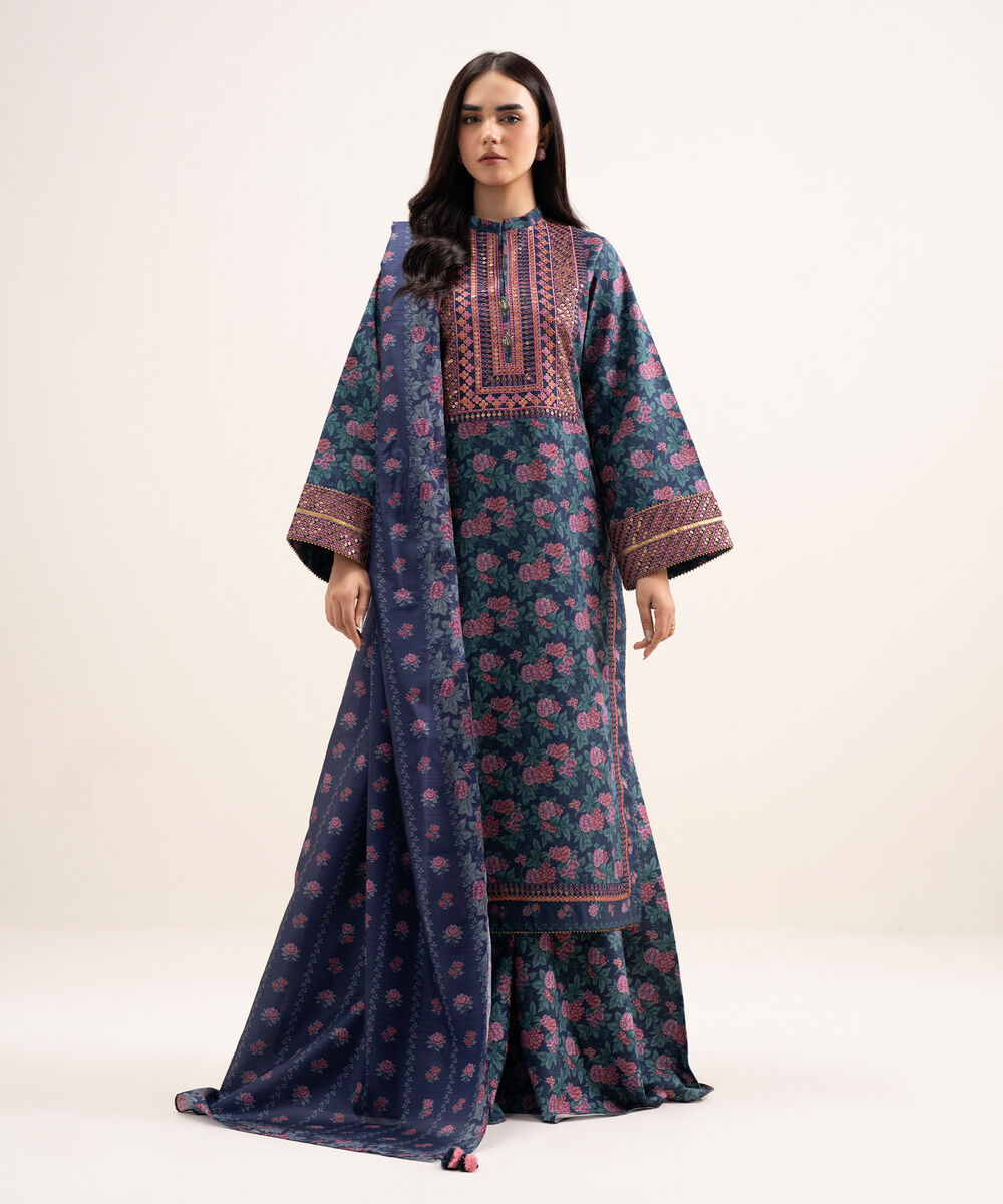 Women's Unstitched Lawn Embroidered Blue 3 Piece Suit