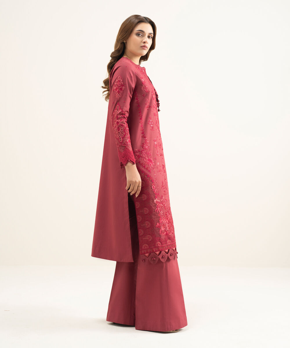 Women's Unstitched Textured Lawn Red Embroidered 3 Piece Suit