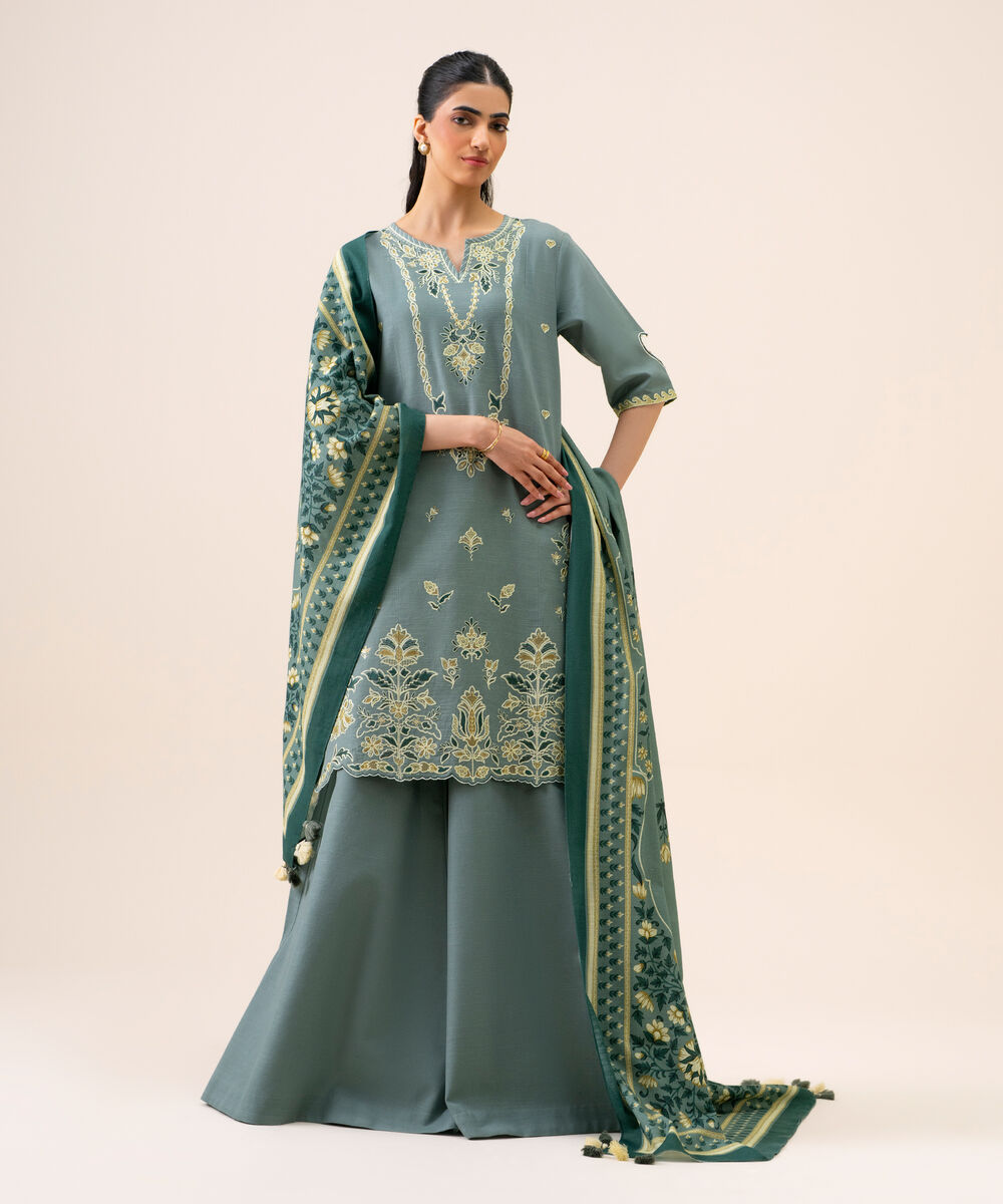 Women's Unstitched Light Khaddar Embroidered Moss Green 3 Piece Suit