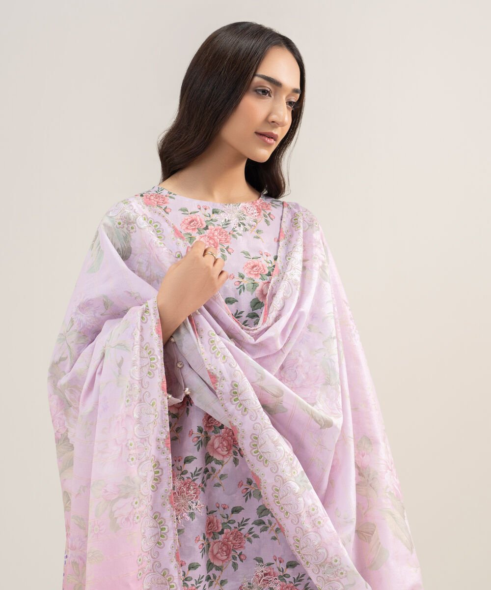 Women's RTW Zari Lawn Embroidered Lilac 3 Piece Suit