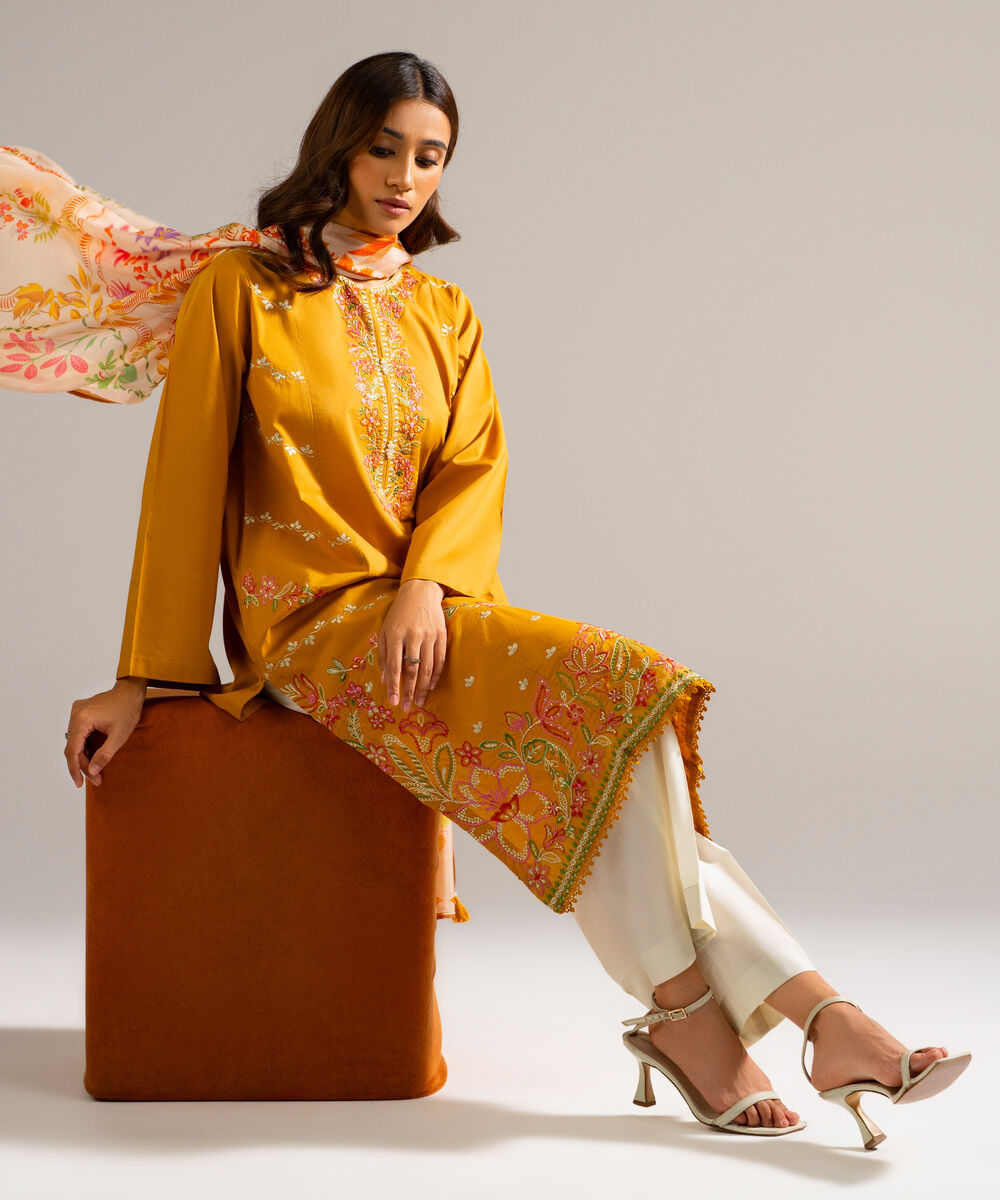 Women's RTW Lawn Embroidered Orange 2 Piece Suit