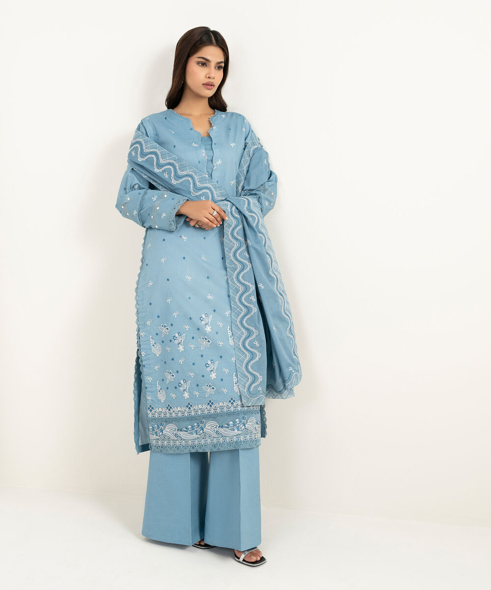 Women's Unstitched Textured Lawn Embroidered Blue 3 Piece Suit