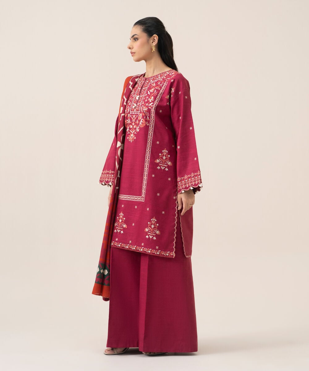 Women's Unstitched Basic Khaddar Embroidered Magenta 3 Piece Suit