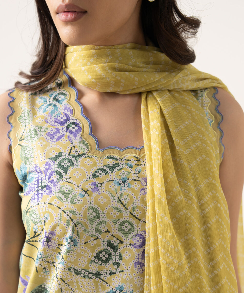 Women's Unstitched Lawn Printed Yellow 3 Piece Suit