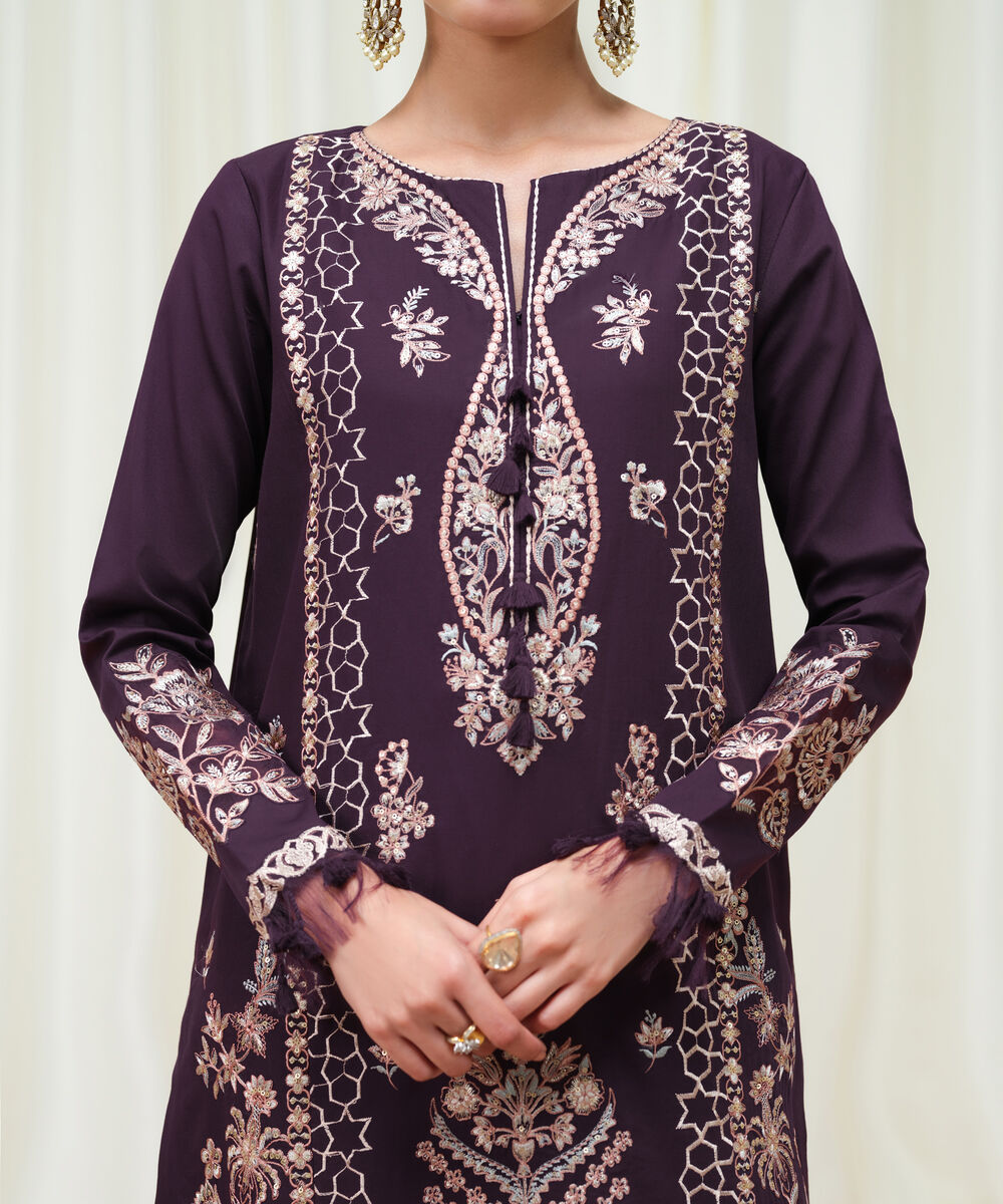 Women's Unstitched Fine Cotton Satin Embroidered Purple 3 Piece Suit