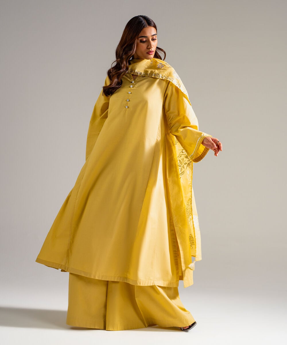 Women's RTW Slub Lawn Solid Yellow 3 Piece Suit