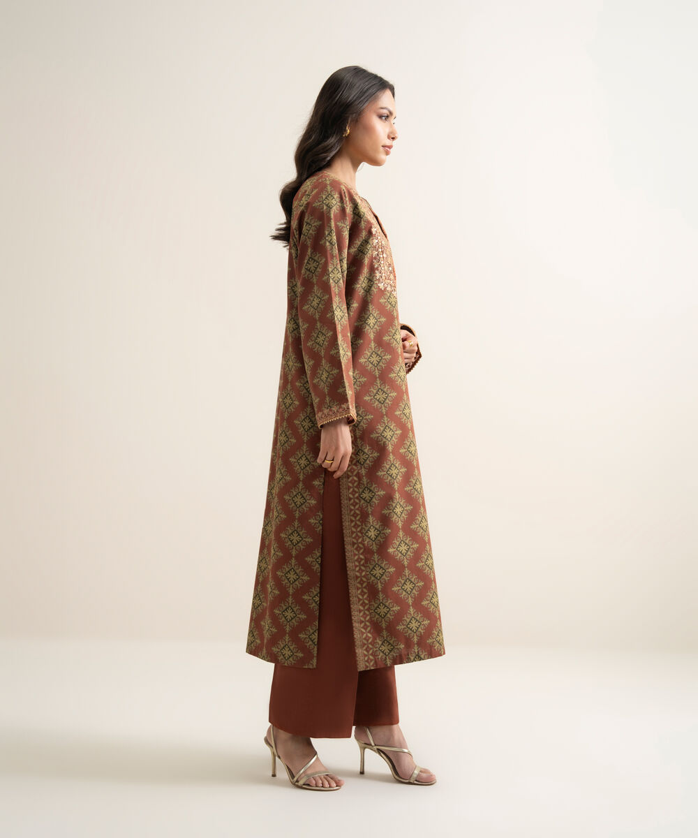 Women's Unstitched Lawn Embroidered Rust 3 Piece Suit