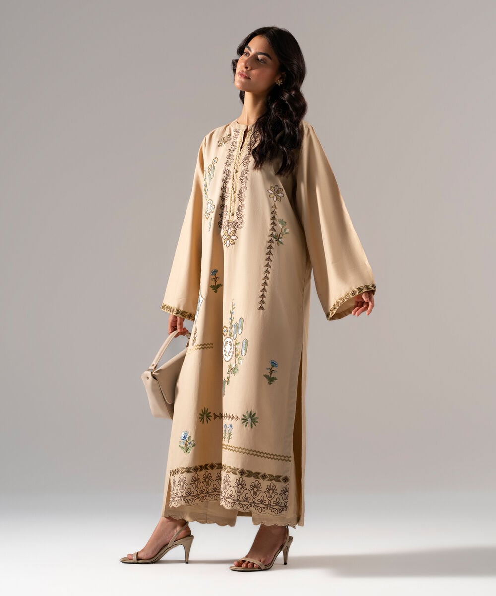 Women's RTW Solid Embroidered Dark Beige Cotton Viscose Shirt