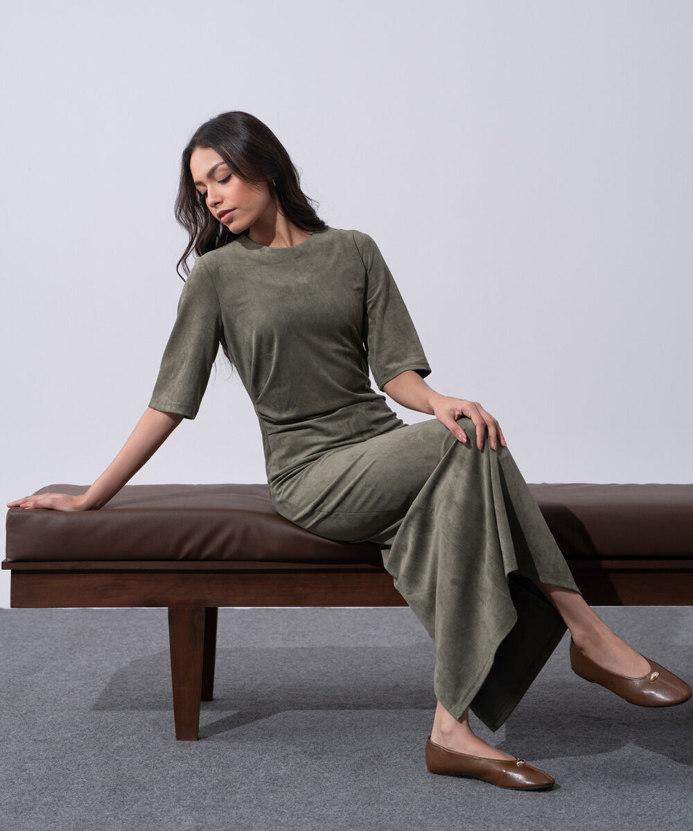 Women's Western Wear Green Polyester Pleated Faux Suede Long Dress