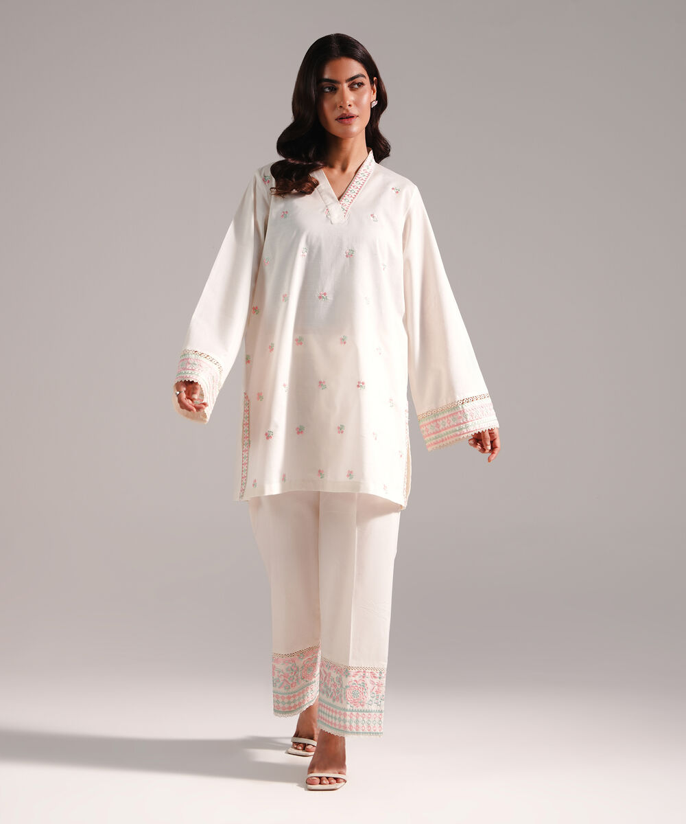 Women's RTW Slub Lawn Embroidered Off White 2 Piece Suit