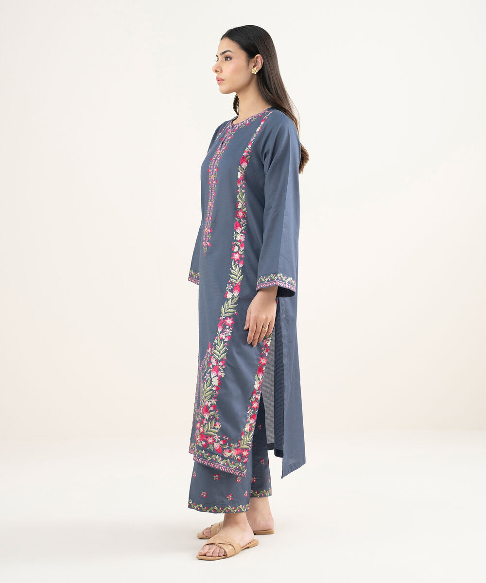 Women's RTW Dobby Embroidered Steel Blue A-Line Shirt