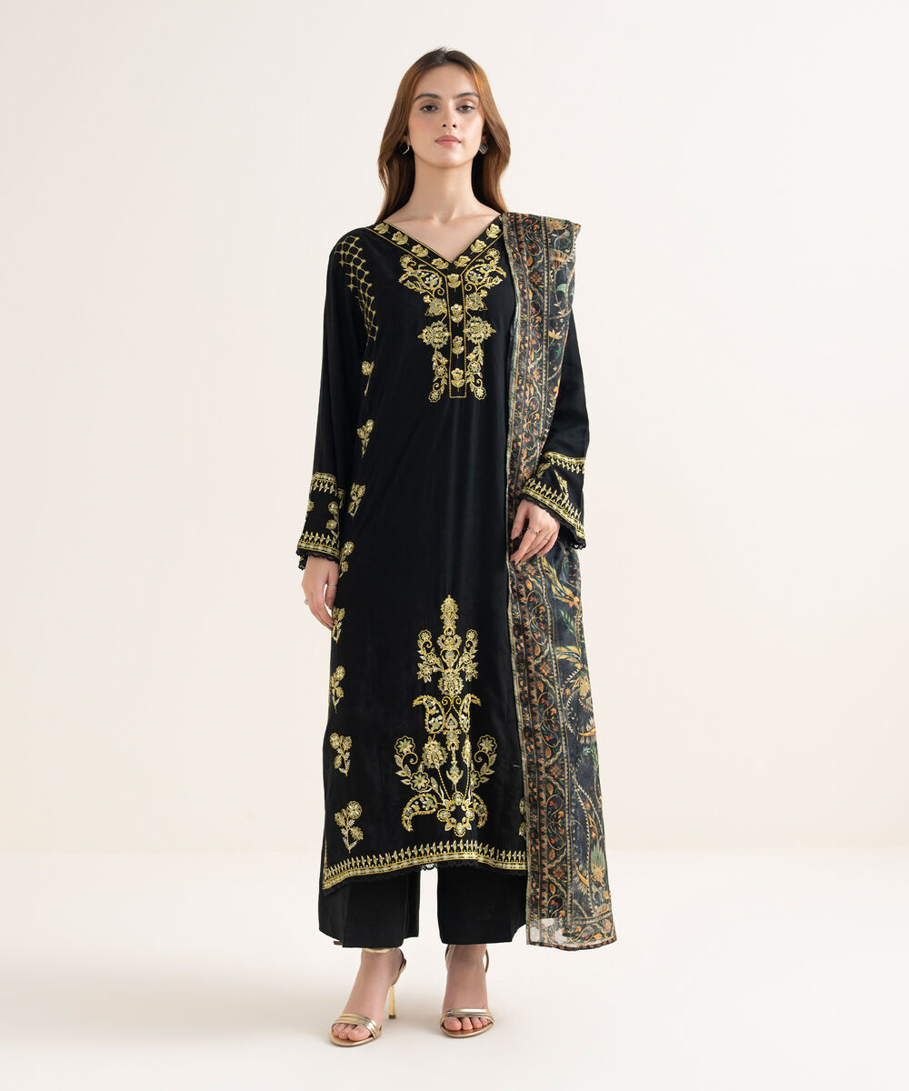 Women's RTW Textured Viscose Embroidered Straight Black Shirt