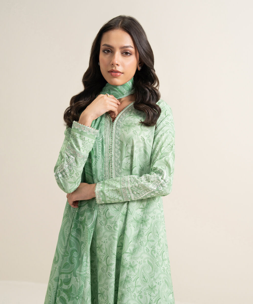 Women's Unstitched Lawn Embroidered Mint 3 Piece Suit