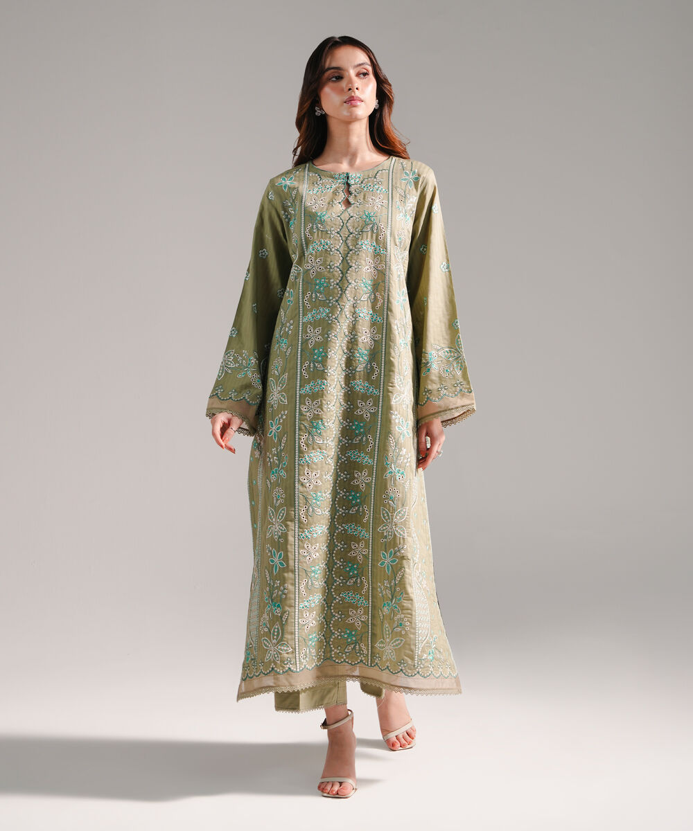 Women's RTW Textured Cotton Embroidered Olive Green 2 Piece Suit