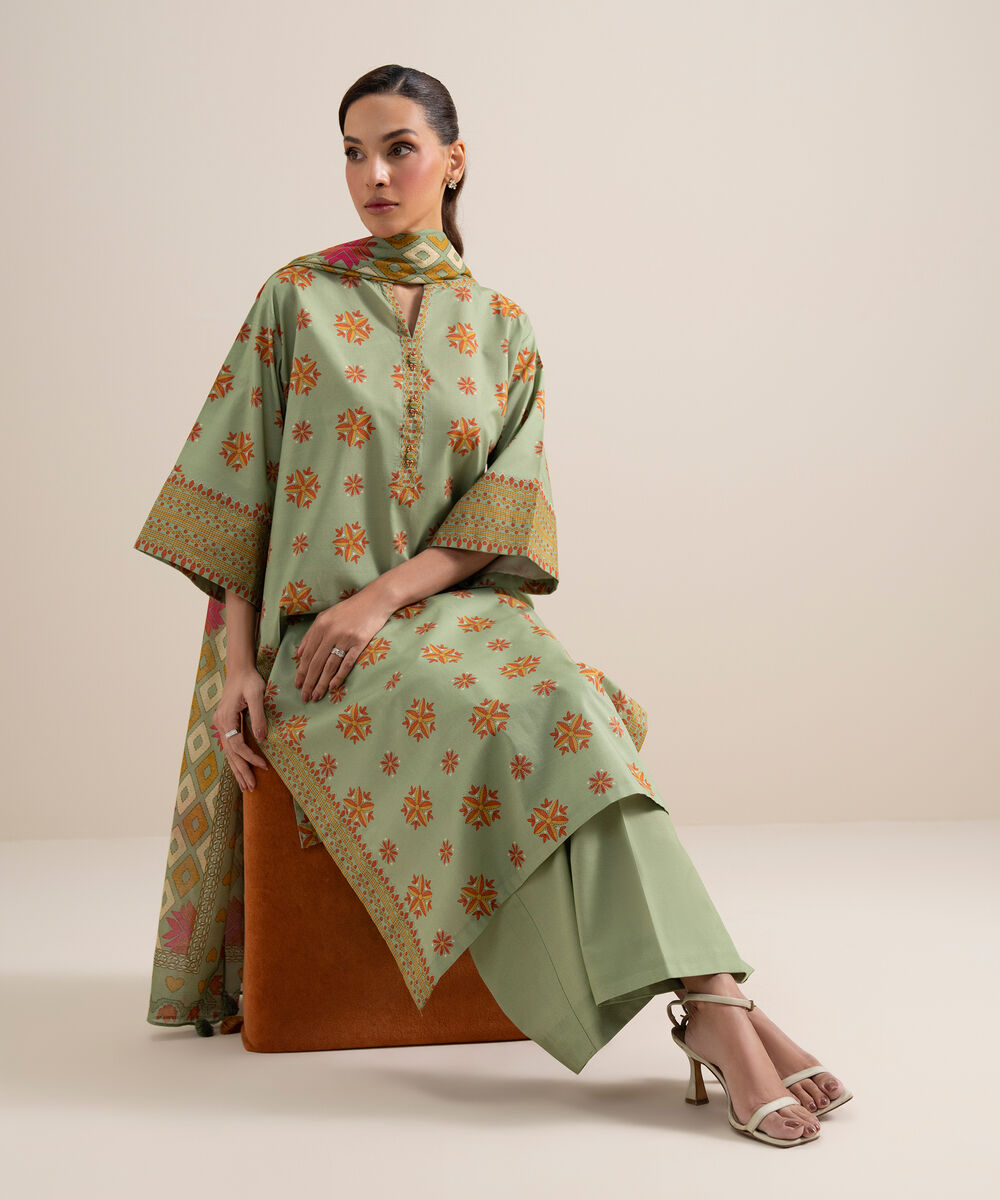 Women's Unstitched Lawn Printed Sage Green 3 Piece Suit