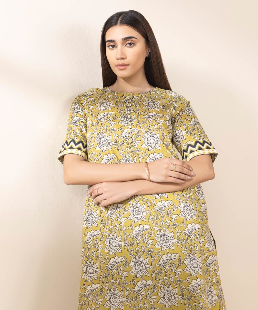 Women's Unstitched Yellow Cotton 2 Piece Suit