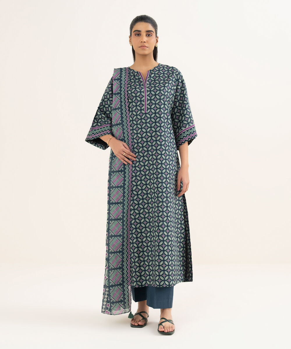 Women's Unstitched Lawn Printed Blue 3 Piece Suit