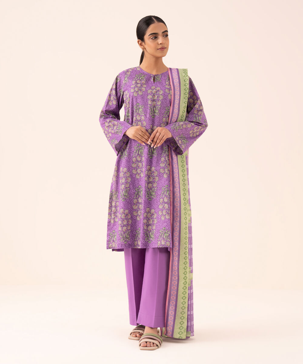 Women's Unstitched Lawn Printed Purple 3 Piece Suit
